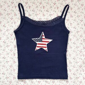 Modern Lux american flag star graphic lace trim cami tank top